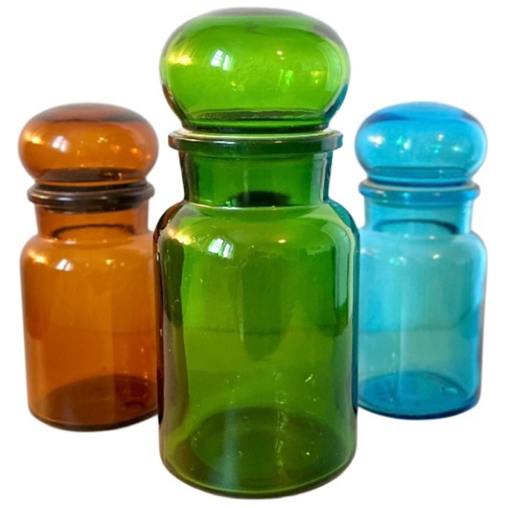 MCM Apothecary Jars Mid Century Glass Storage Canister Vintage Mushroom Lid